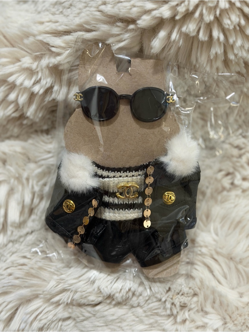 Chic Leather like Black Doll Outfit with Gold Accents and Sunglasses 4pcs